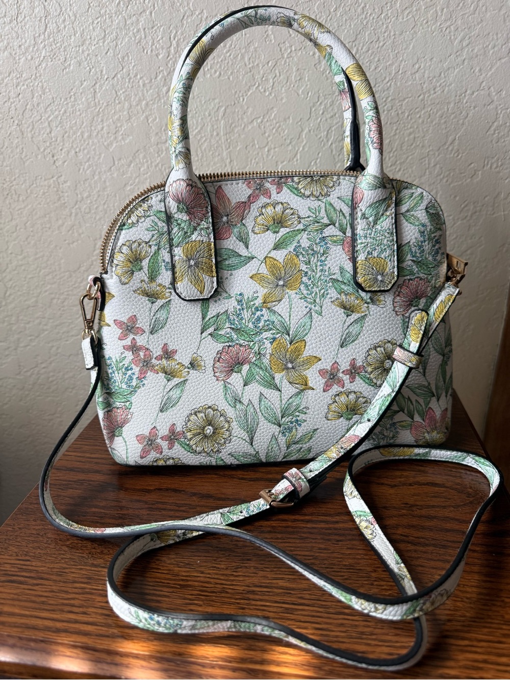 a new day White Floral Crossbody Satchel with Yellow & Pink Accents